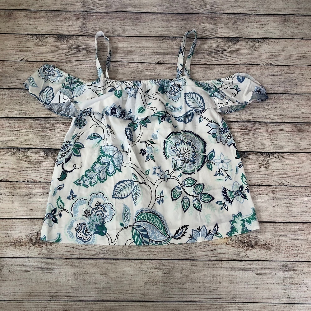 NWT Loft Outlet Floral Cold Shoulder Ruffle Blouse